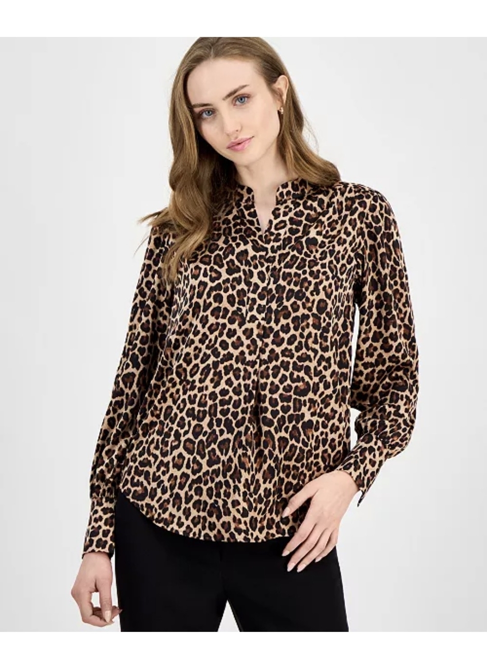 Anne Klein Leopard Print V-Neck Long-Sleeve Blouse - Tan & Black